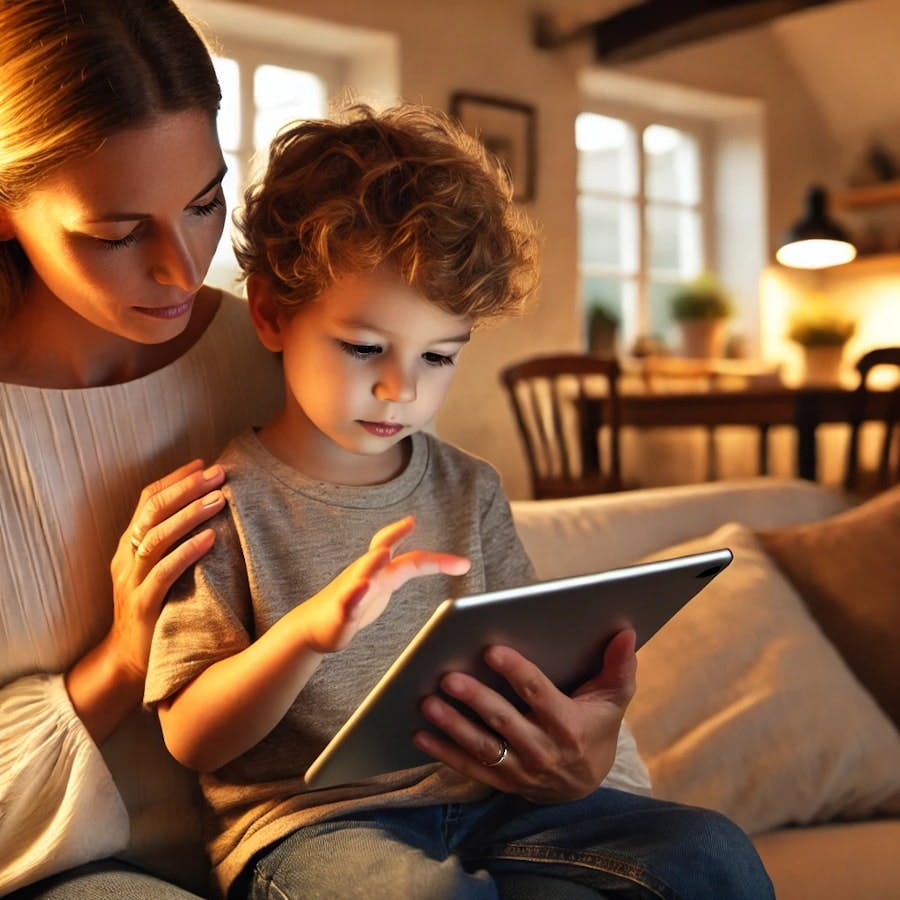 a child and mother with a tablet