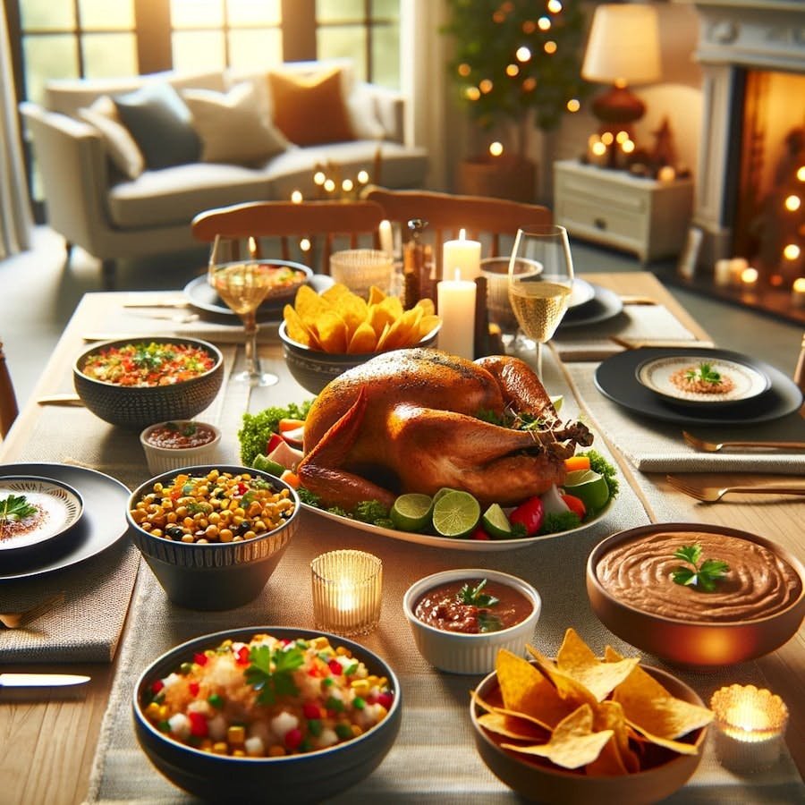 Mesa de Acción de Gracias al estilo mexicano con pavo, mole y guarniciones