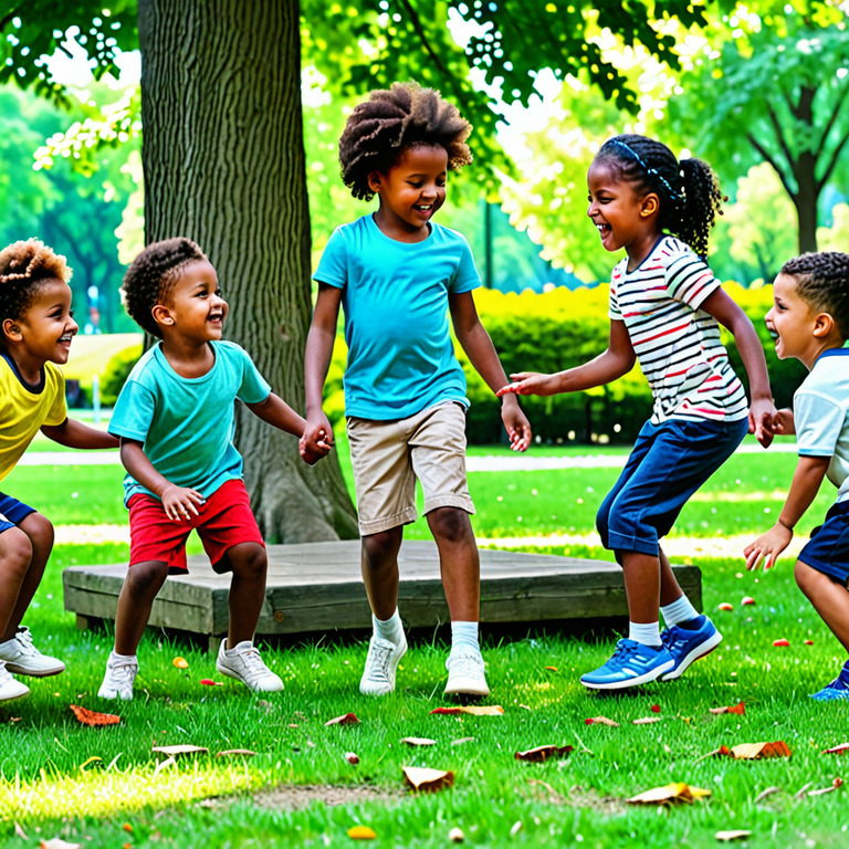 Children of different nationalities playing with each other in a park