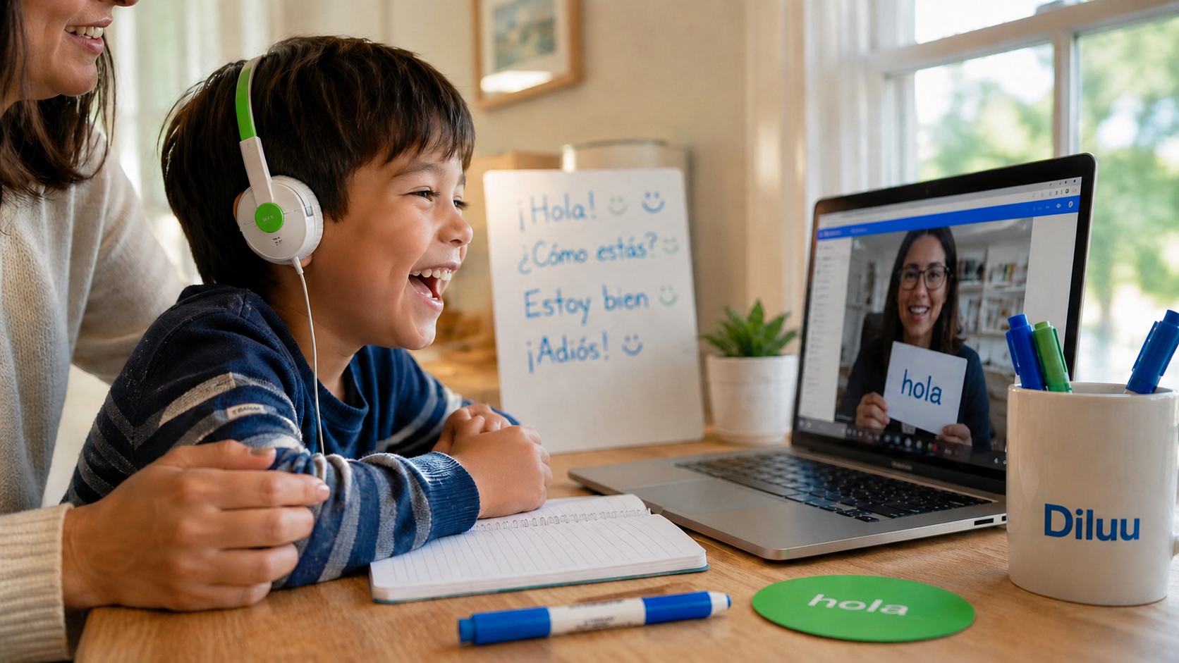 A child in her trial online Spanish class